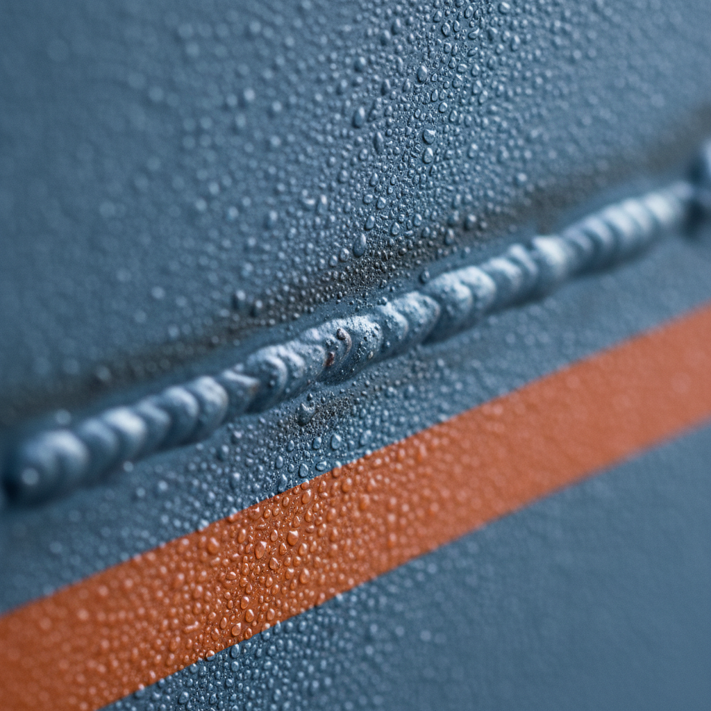 Salt spray and sea water beading on a marine grade coated steel surface with a visible weld seam and protective coating system