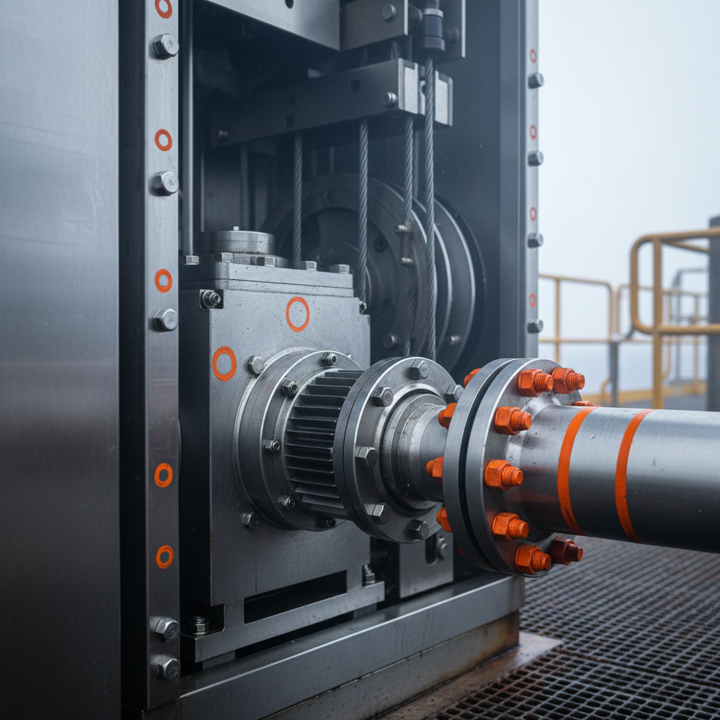 Opened elevator machinery enclosure on an offshore deck showing stainless fasteners, a sealed drive gearbox, cable sheaves and a bolted flange during maintenance