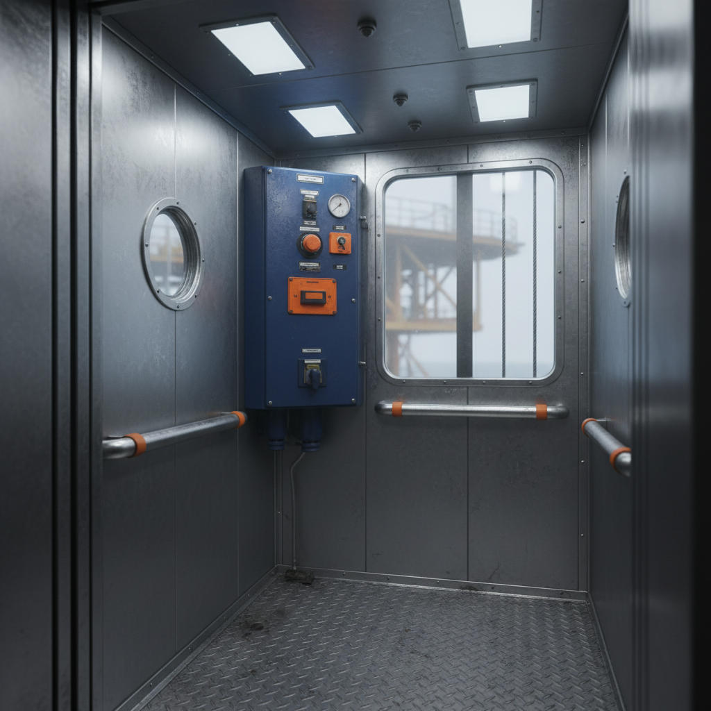 Interior of an enclosed offshore personnel elevator car with brushed stainless walls, a ruggedised industrial control panel, grab rails and a non-slip floor plate