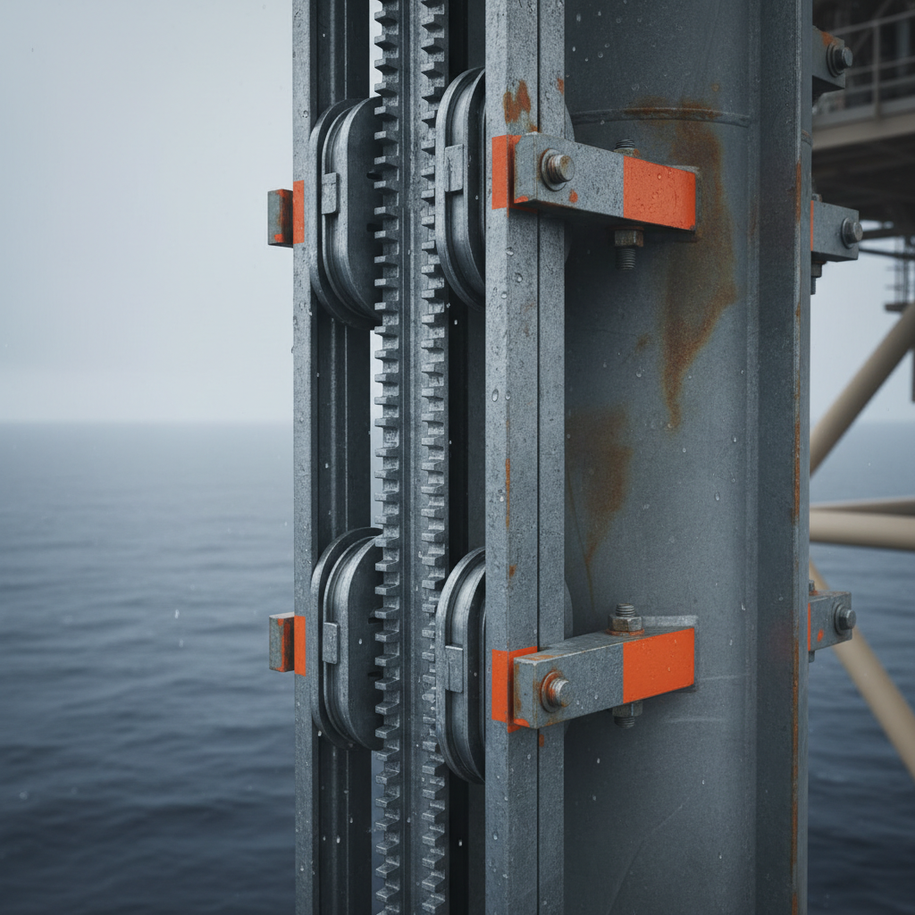 Detail of a galvanised rack and pinion elevator mast section bolted to an offshore platform leg, showing the toothed rack, guide rollers and structural tie-in brackets