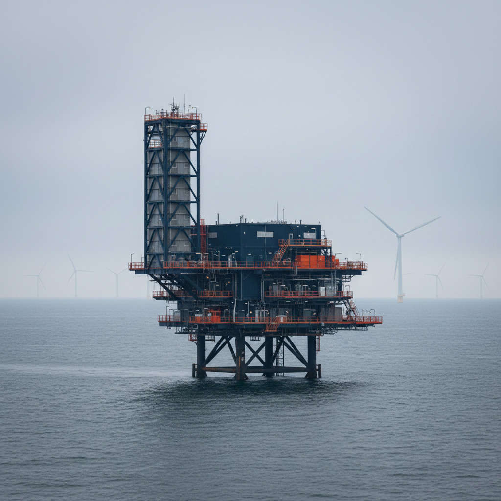 Offshore wind farm substation platform at sea with a service lift tower on the structure and turbine towers on the horizon